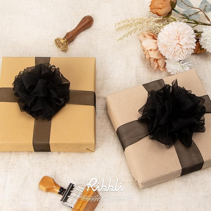 Ribbli Black Sheer Organza Ribbon,1 Inches x Continuous 50 Yard Use for Gift Wrapping,Bouquet Wrapping,Wedding Decoration,All Crafting and Sewing