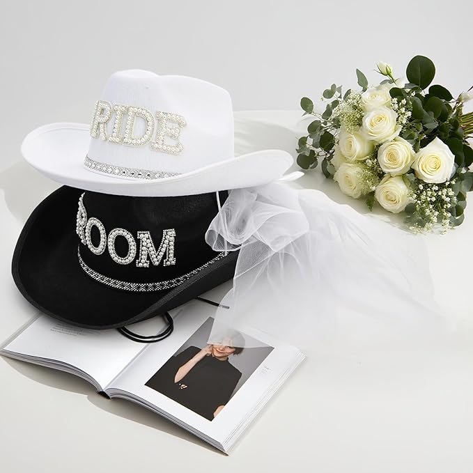 Frcctre 2 Pcs Bride Cowgirl Hat with Veil, Black Groom Cowboy Hat, Rhinestone Bride and Groom Cowboy Hats Wedding Bridal Shower Bachelorette Party Decoration Western Party Dress Up Accessories