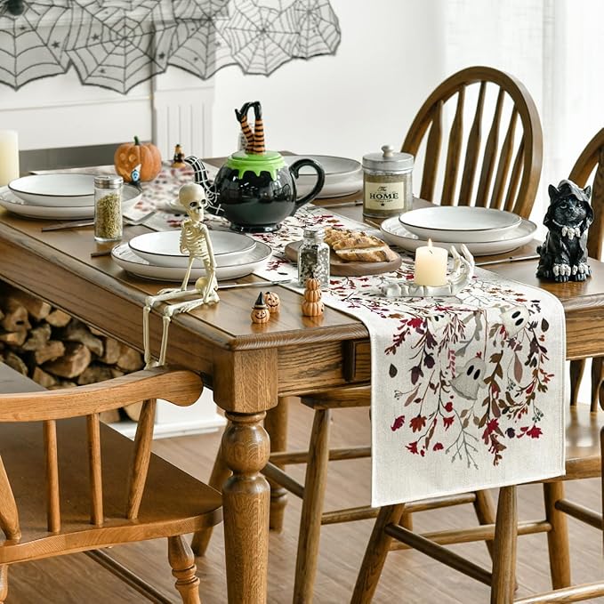 Artoid Mode Ghost Flowers Leaves 210 GSM Halloween Table Runner,Seasonal Fall Kitchen Dining Table Decoration for Home Party Decor 13x90 Inch