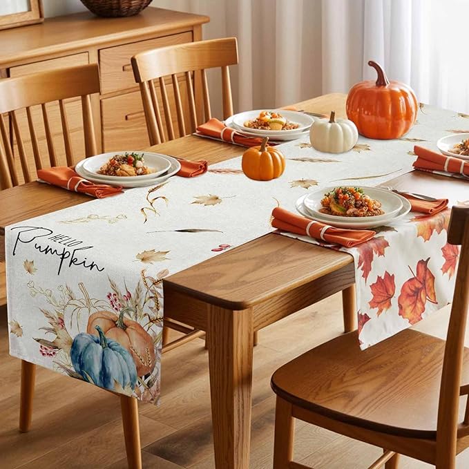 Fall Thanksgiving Cotton Linen Table Runner for Dining Kitchen, Orange Pumpkins Outdoor Party Autumn Tablerunners Decoration Rustic Wheat Leaves Dresser Scarf Coffee Tablecloth Runners 13x120 Inches