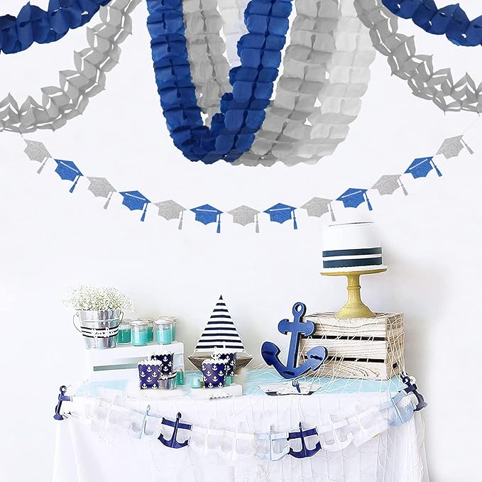 Navy-Blue White-Silver Party-Decorations Streamers Garland - 12pcs Royal Graduation 2025 4-Leaf Clover Paper Streamer Men Boy Birthday Wedding Bridal Shower Flower Banners Fathers Day Decor Ouruola