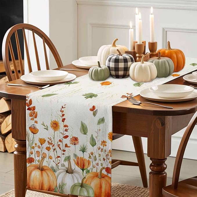 Fall Wildflowers Cotton Linen Table Runner for Dining Kitchen, Thanksgiving Pumpkin Outdoor Party Rustic Tablerunners Decoration, Botanical Floral Vintage Dresser Scarf Tablecloth Runners 13x48 Inches