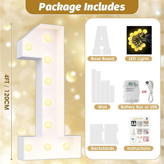 Marquee Light Up Number Sign, 4 Ft Tall Foam Board Decor, USB or Battery