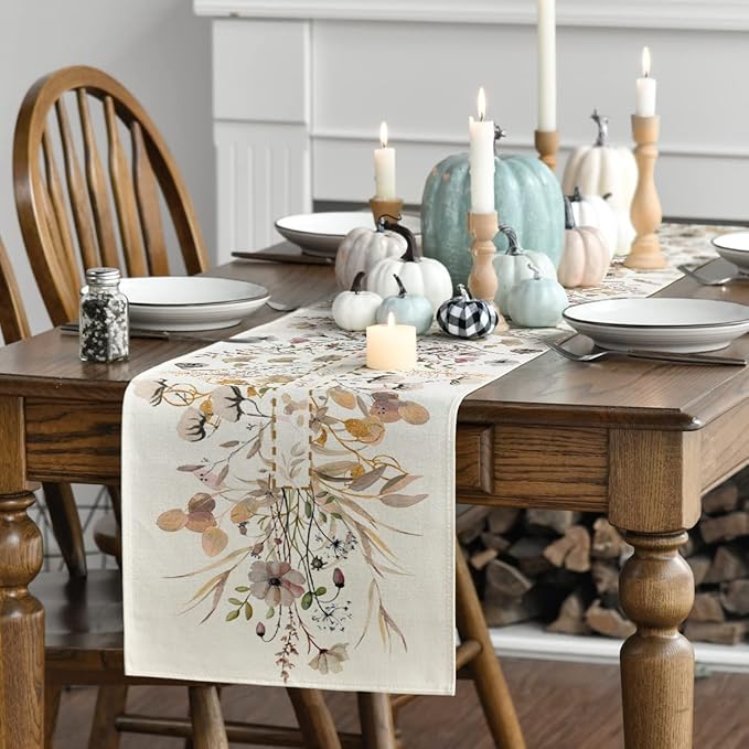 Artoid Mode Wildflower Leaves Floral Fall Table Runner, Autumn Thanksgiving Kitchen Dining Table Decoration for Indoor Outdoor Home Party 13x48 Inch