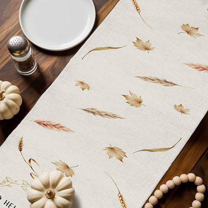 Fall Thanksgiving Cotton Linen Table Runner for Dining Kitchen, Orange Pumpkins Outdoor Party Autumn Tablerunners Decoration Rustic Wheat Leaves Dresser Scarf Coffee Tablecloth Runners 13x120 Inches