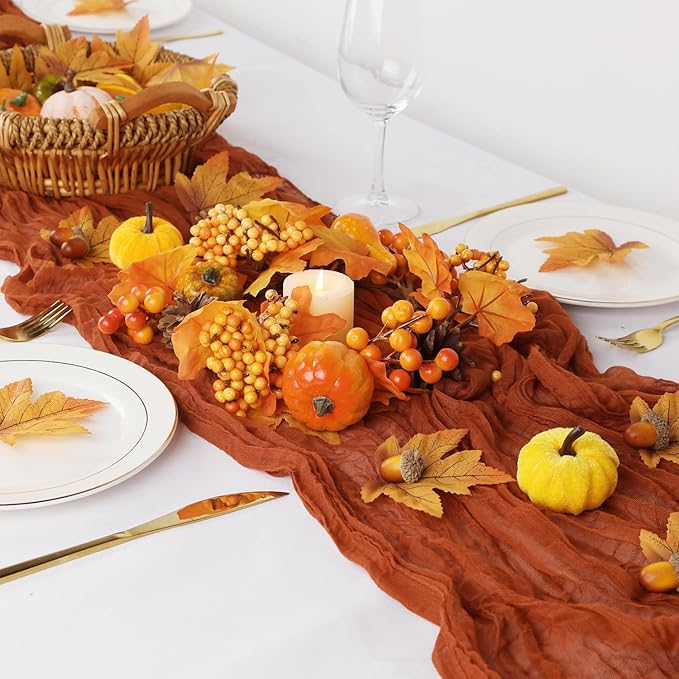 6 Pack Fall Table Runner Terracotta Cheesecloth Table Runner 10ft, Rustic Sheer Burnt Orange Gauze Cheese Cloth for Boho Wedding Decor Baby Shower Thanksgiving Table Decor