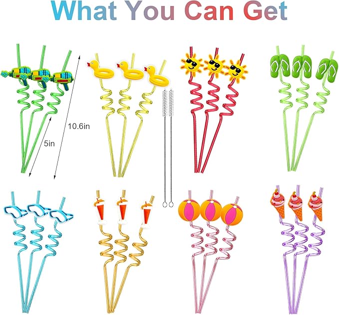 Straws 24 Count Beach Curly Straws in 8 Colors, Reusable Plastic