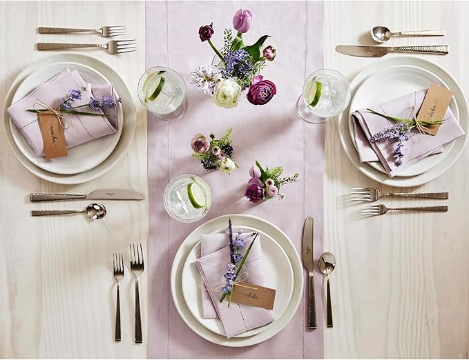 Solino Home Linen Table Runner 48 Inches - 100% Pure Linen Lilac Hemstitch Table Runner 14 x 48 Inch Ideal for Dresser and Coffee Tables - Classic Hemstitch