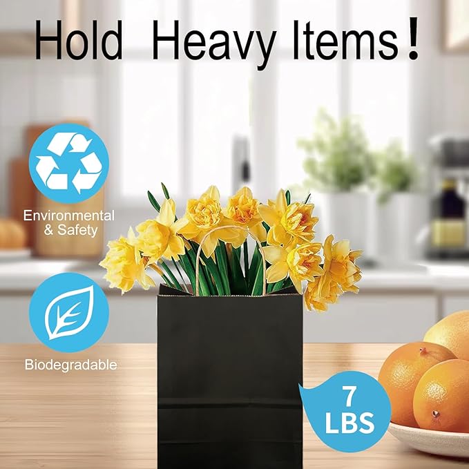 BAG BOX 25 Pack Small 5.9x3.1x8.25 Inch Black Kraft Paper Gift Bags with Handles for Bulk Shopping, Retail, Craft, Party Favors, Wedding, Grocery & Sacks