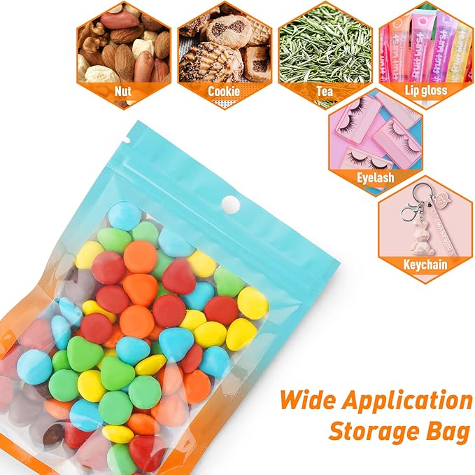 Funfery 100 Pack Holographic Bags,Mylar Resealable Bags with Zipper,Clear Window Packaging Pouch,Foil Bag for Food Storage,Sample Jewelry Bag(4×6in,Blue Orange)