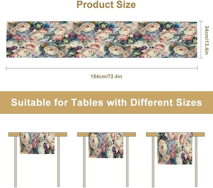 Vintage Floral Table Runner,Girls Women Rose Romantic Leaf Botanical Watercolor Pattern Print Burlap for Hotel Indoors Outdoor Dining Room Kitchen Holiday Party, 13x60in