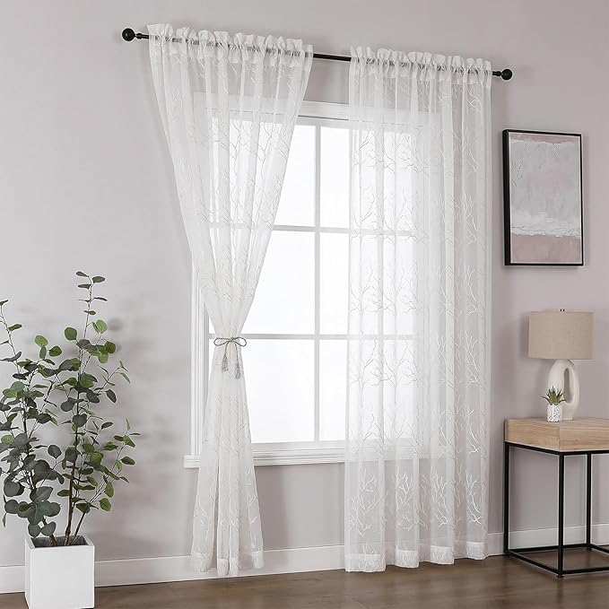 VISIONTEX Sheer Curtains 63 inch Length 2 Panels Set, Decorative Beige Coral Embroidery, Rod Pocket Embroidered Window Drapes for Living Room and Bedroom, 54" x 63"