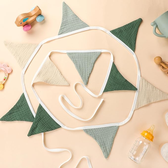 Pennant Banner Set, Cotton, 2 Strips of 10 Flags, Green and Beige