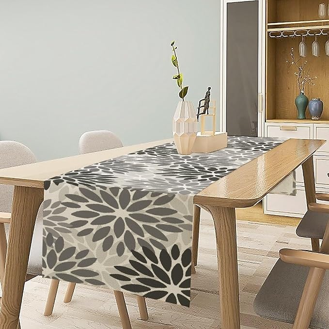 Gray Dahlia Flower Table Runner, Vintage Modern Linen Geometric Pattern Floral Table Runner Spring for Farmhouse Kitchen Dining Party Holiday Party, 13x90 Inch