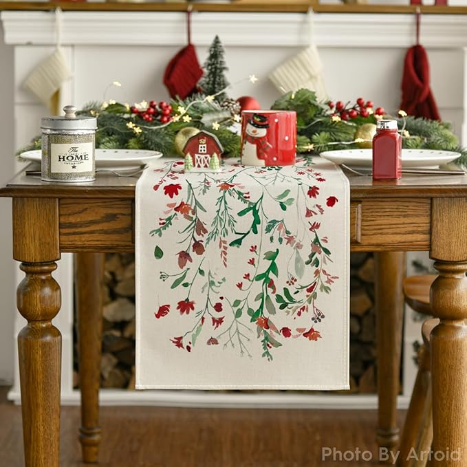 Artoid Mode Floral Leaves Christmas Table Runner, Wild Flowers and Grasses Winter Kitchen Dining Table Decoration for Home Party Decor 13x36 Inch