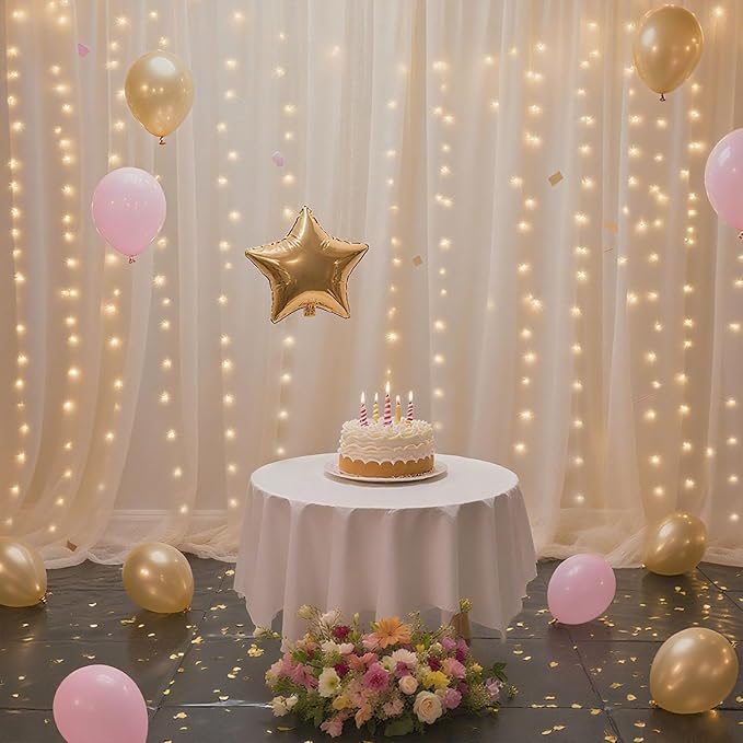 10×10ft Tulle Backdrop Curtains with Lights String - 300LED Fairy Lights Sheer Curtain Backdrop for Weddings Baby Shower and Birthday Party Decorations(2 Panels 5×10ft)