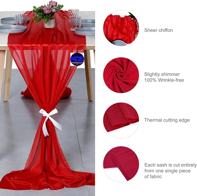 MDS Halloween Chiffon Table Runner - 10 Pack, 29 x 170 Inches, 14ft Each - Sheer Spooky Table Runners for Haunted House Parties, Trick-or-Treat Tables, Witchy Décor, Wedding & Events - Red