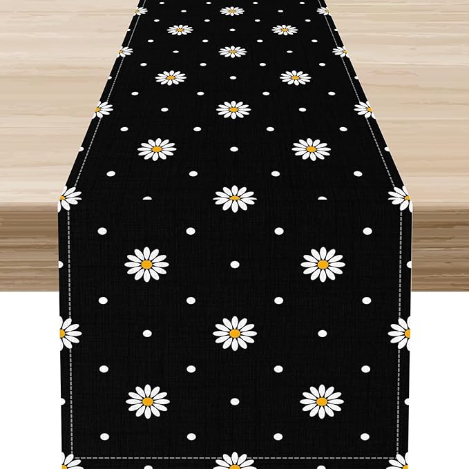Daisy Floral Table Runner, Rustic Seasonal Spring Wild Flower Rustic Blue Wood Farmhouse Table Center Decor for Home Kitchen Dining Patio Holiday Party Indoor Outdoor Table Decorations, 13"x90" Inch