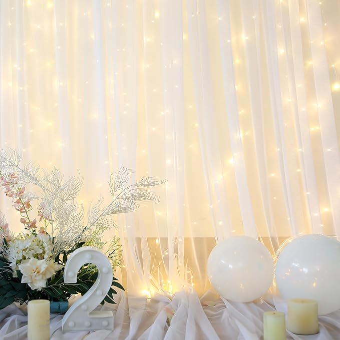 White Tulle Backdrop Curtain with Lights String for Parties Wedding Bridal Shower Sheer White Curtain Backdrop for Birthday Baby Shower Photo Booth Photography Background Decorations 20ft x 8ft