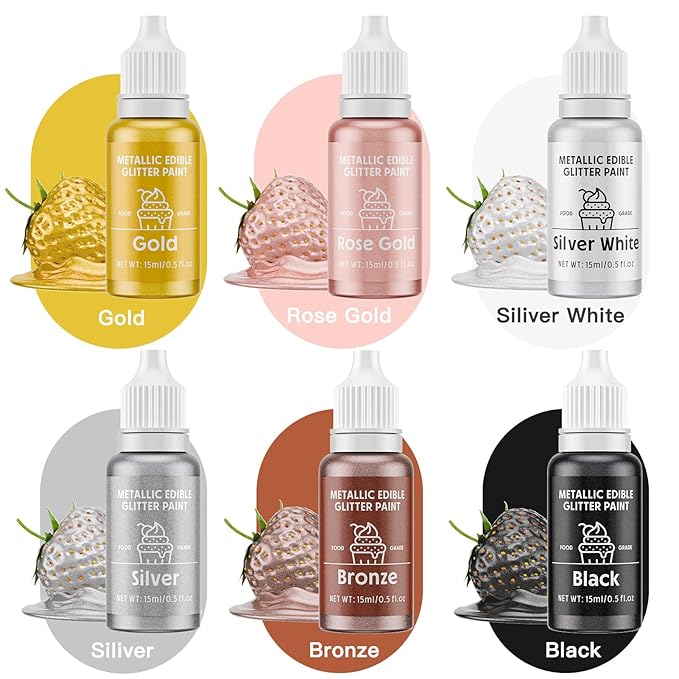 Edible Glitter Paint Set- 6 Color Food Coloring Metallic Glitter Paint for Baking, Cake Decorating - Food Grade Art Decorative Cake Paint for Cupcakes, Cookies, Fondant, Donuts, Macaron, Candy (metal, 6 color)