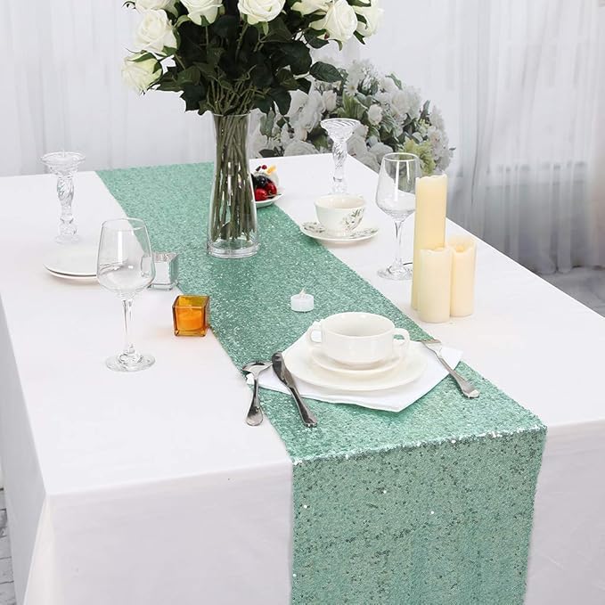 Eternal Beauty 5PCS-12X108 Mint Green Sequin Table Runner for Wedding, Decorations for Birthday Parties, Banquets, Graduations,Christmas