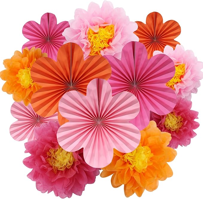 Paper Fan Party Decorations, 12 Pack, Orange and Hot Pink