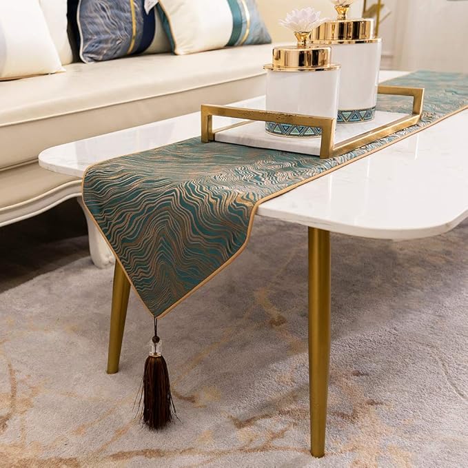 Avigers 12 x 108 Inch Decorative Luxury Abstract Striped Green Teal Table Runners with Tassels for Home Living Room Bedroom Art Decor Wedding