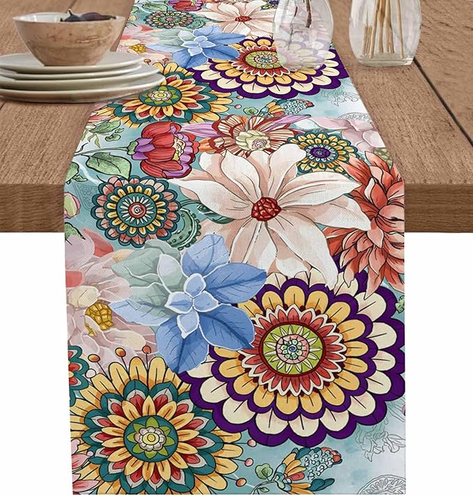 Boho Flowers Cotton Linen Table Runner for Dining Kitchen, Wedding Outdoor Party Tablerunners Decoration, Colorful Floral Farm Vintage Botanical Dresser Scarf Coffee Tablecloth Runners 13x120 Inches