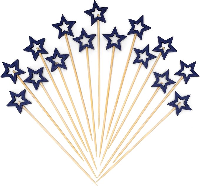 Minisland Big Navy Blue Star Cocktail Picks, 5.5 Inch Long Bamboo Fancy Toothpicks for Appetizers, Decorative Independence Day Holiday Party Food Drinks Garnish Fruit Skewer Sticks 50 Counts - MSL433