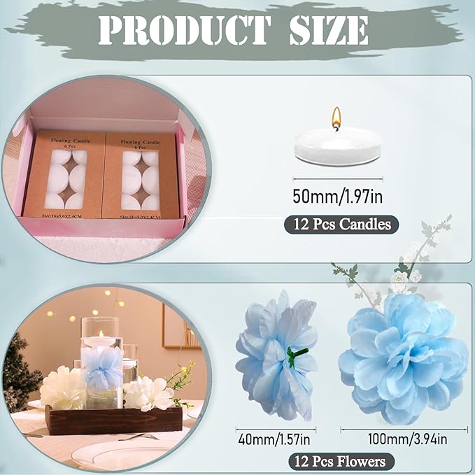 Vase Fillers with Floating Flowers and White Candles, 24 Pieces