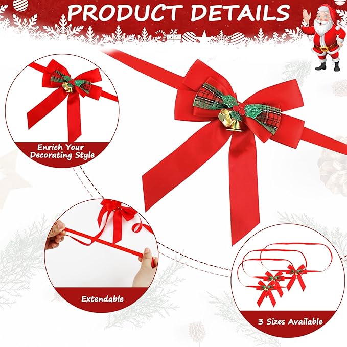 Christmas Bows for Gift Wrapping, 24 Elastic Red Stretch Loops with Bows,3 Sizes Red Bows Ribbon Crafts Perfect Boxes, Party Favors and Weddings