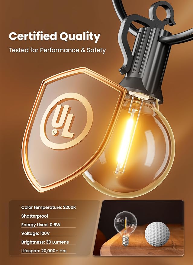 String Lights, 209 FT Warm White G40 Shatterproof Bulbs