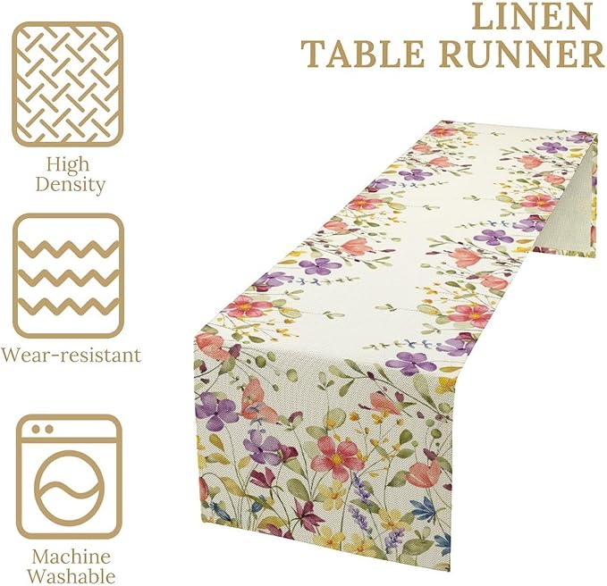 Floral Table Runner,Flowers Plant Print Spring Table Runner for Kitchen Dining Table Decoration for Home Party Decor 13x120 Inch