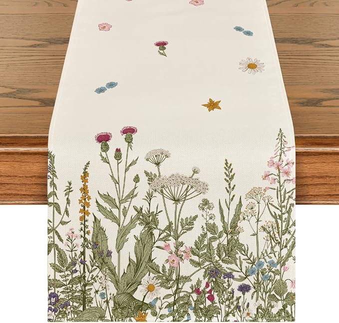 Artoid Mode Antique Herbs and Wild Flowers Summer Table Runner, Spring Fall Kitchen Dining Table Decoration for Home Party 13x36 Inch