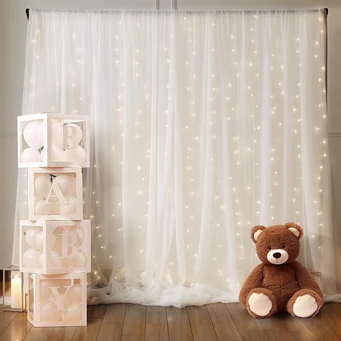 10ft x 7ft White Chiffon Backdrop Curtain with Lights String for Parites Wedding Wrinkle Free Curtain Photo Backdrops Drapes for Baby Shower Birthday Party Home Decorations