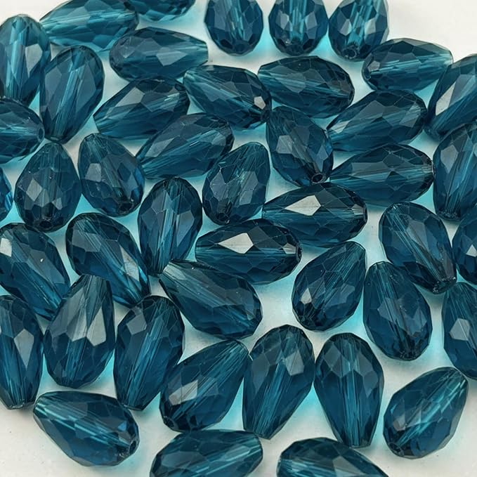 100pcs 8x12mm Teardrop Crystal Glass Beads for Jewelry Making, Faceted Vertical Hole Teardrop Glass Spacer Beads for Wind Chimes Bracelet Earring Necklace DIY Craft(Peacock Blue)