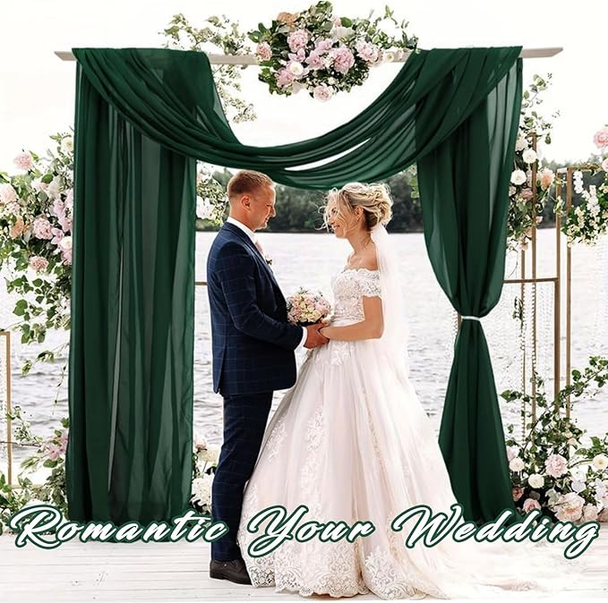 Wedding Arch Drape Fabric, 4 Emerald Green Chiffon Panels, 20 Ft Long