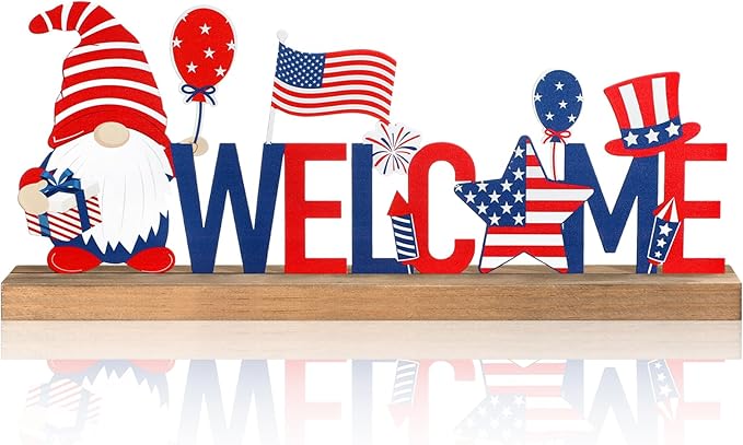 Patriotic/ 4th of July Metal Sign Rustic Table Decor Holiday Tiered Tray Decor with Wooden Base Freestanding Metal Word Sign for Home Tabletop Centerpiece Mantel Shelf Fireplace