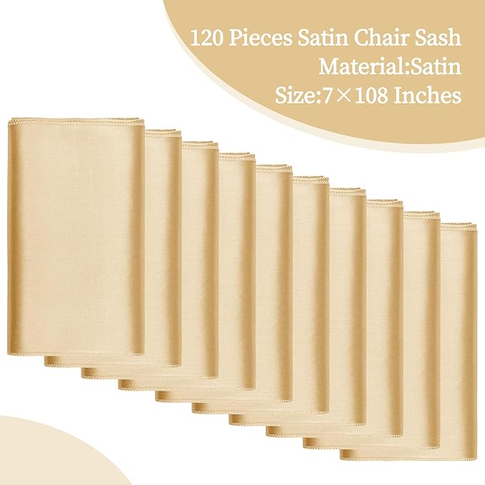 Satin Chair Sashes, 120 Pack, Champagne, 7 x 108 Inch Polyester