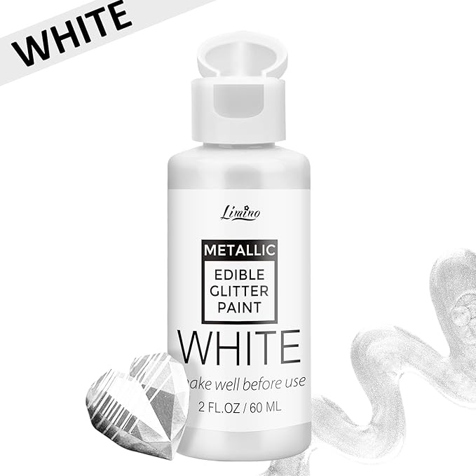 Edible Glitter Paint - 2 fl.oz Food Grade Metallic Glitter Cake Paint for Cake Decorating, Baking, Cupcakes - Shimmer Art Decorative Liquid Edible Paint Food Coloring for Fondant, Donuts (White)