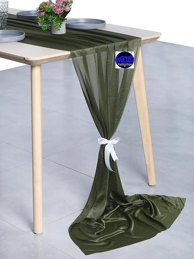 MDS Halloween Chiffon Table Runner - 20 Pack, 29 x 170 Inches, 14ft Each - Sheer Spooky Table Runners for Haunted House Parties, Trick-or-Treat Tables, Witchy Décor, Wedding & Events - Olive Green