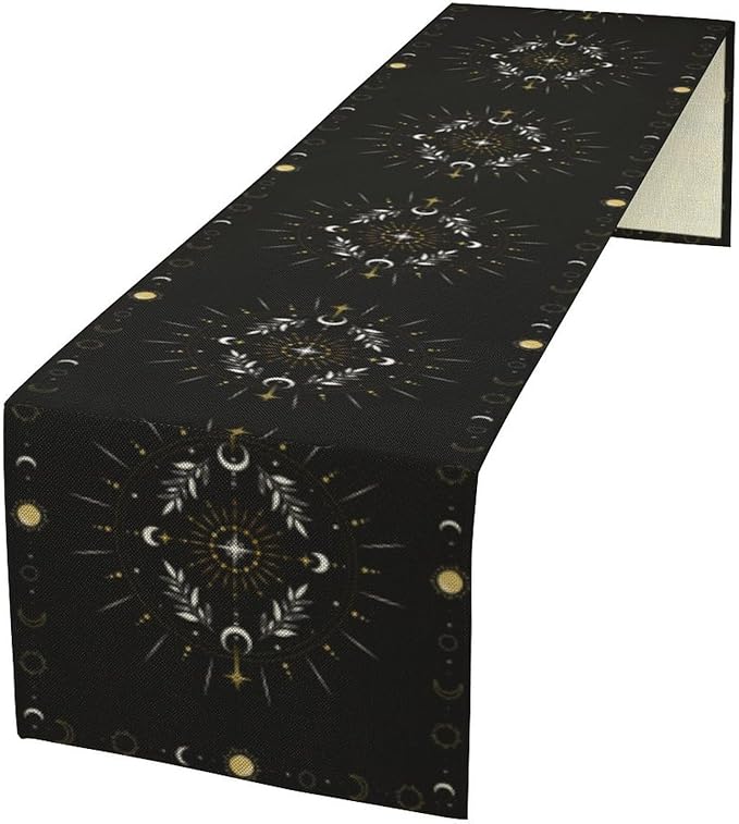 Sun Moon Table Runner - Magical Leaves Mysterious Western Traditional Elements Black White Table Runner for Party Living Room Home Kitchen Dinner - 13x36 Inch