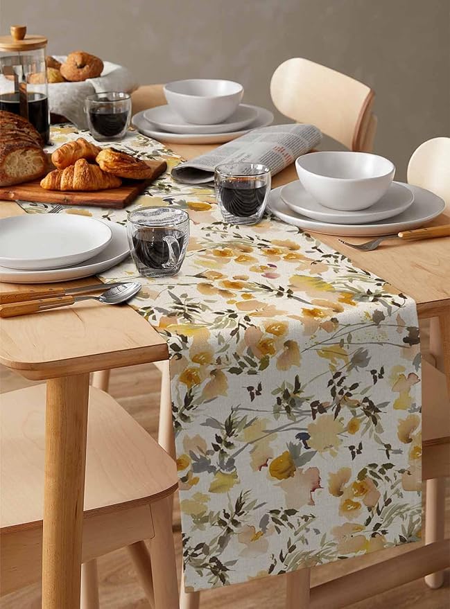 Vintage Orange Flower Cotton Linen Table Runner for Dining Kitchen, Wedding Outdoor Party Tablerunners Decoration, Farmhouse Botanical Floral Retro Dresser Scarf Coffee Tablecloth Runners 13''x120''