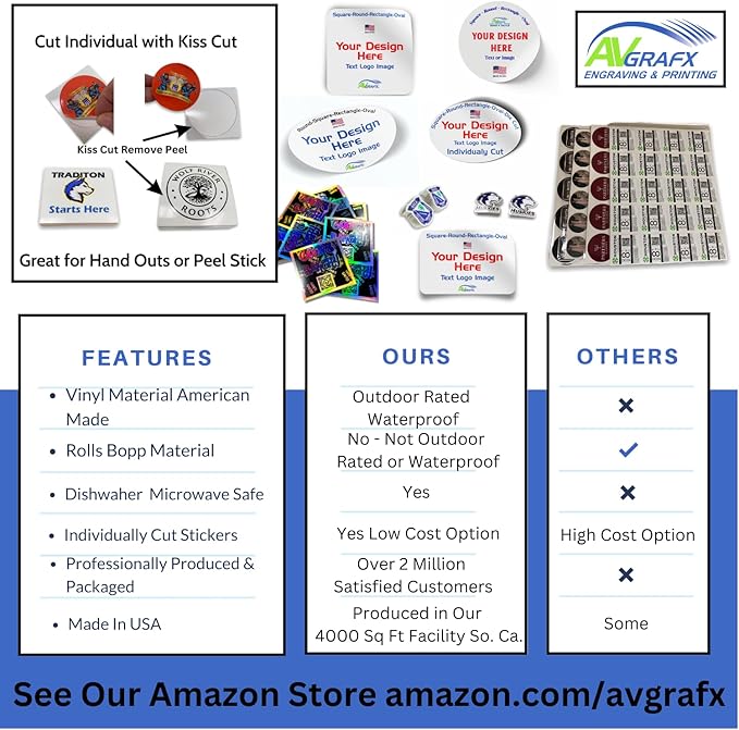 avgrafx 120 Custom Personalized Stickers Labels Vinyl Waterproof Made USA, Any Name,Text, Image, Logo 2" Contour Cut