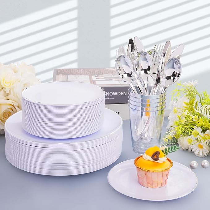 KIRE 350 PCS Plastic Dinnerware Set for 50 Guests, Silver Plastic Plates Include 50 Dinner, 50 Dessert Plates, 50 Pre Rolled Napkins with Silverware, 50 Cups for Wedding, Party, Banqet, Gathering