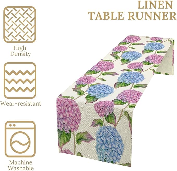 Spring Hydrangea Flower Table Runner, Seasonal Summer Plants Watercolor Pink Purple Florals Dinner Runner for Home Kitchen Dining Table Party Holiday Decoration 13"x120"