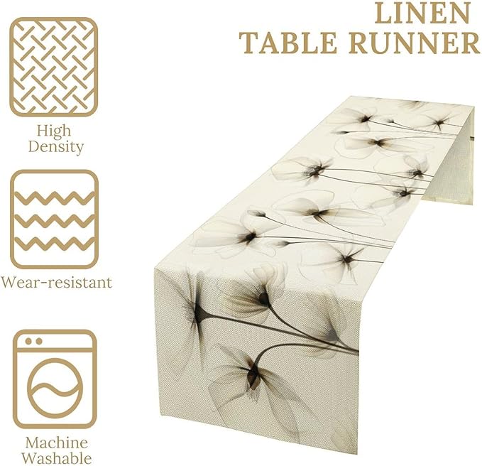 Abstract Floral Table Runner, Watercolor Transparent Beige Poppy Flowers Print Kitchen Dinning Table Runner for Indoor Outdoor Home Wedding Party Holiday, 13x36 Inch