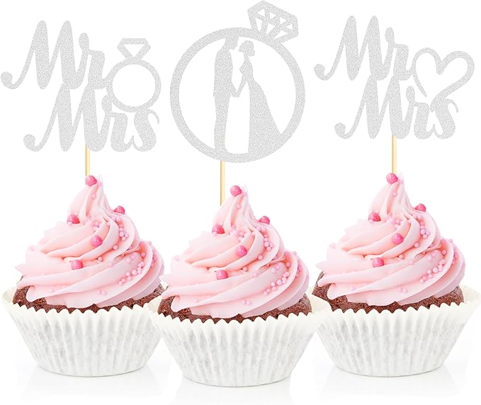 Sotpot 24PCS Miss to Mrs Cupcake Toppers with Ring Silver Glitter for Wedding Bridal Shower Wedding Engagement Party Cake Decorations
