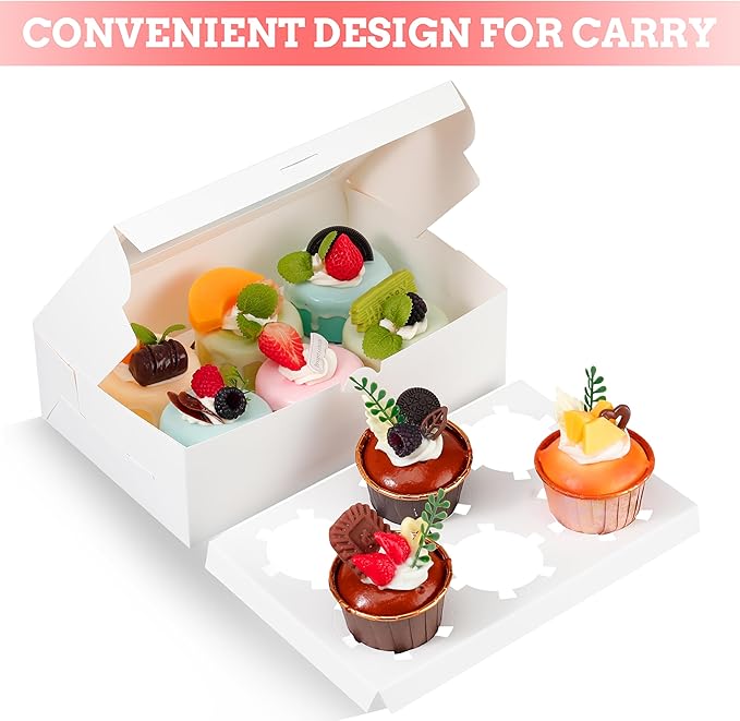White Cupcake Boxes Holds 6 Standard Cupcake Container,50 Packs,Pastry and Bakery,9.4x6.1x3.14Inches Cookie Boxes with Window and Six Treat Holder for Birthday Holiday Party Bakery