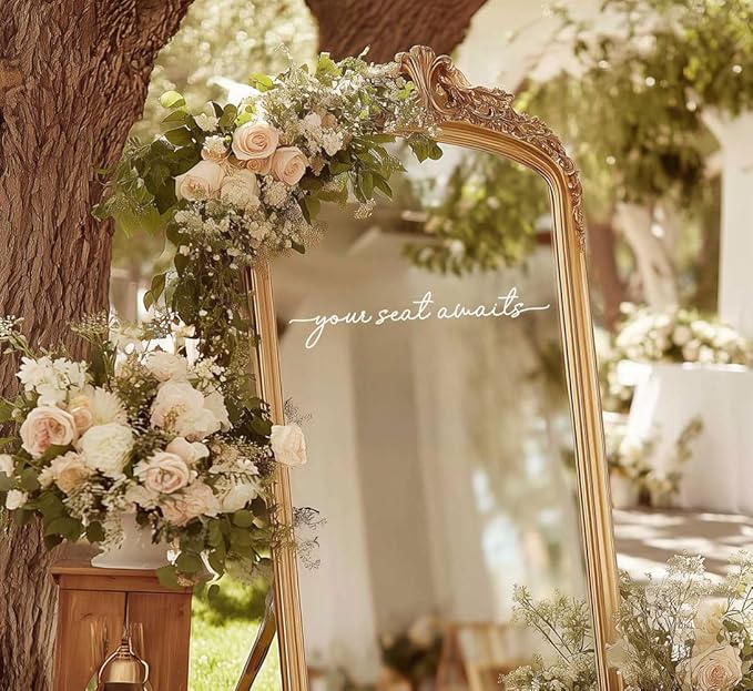 Your Seat Awaits Vinyl Decal, Wedding Seating Sticker, Mirror Decal for Seating, Please Find Your Seat Signs, Wedding Decor Sign (White, Width 20")